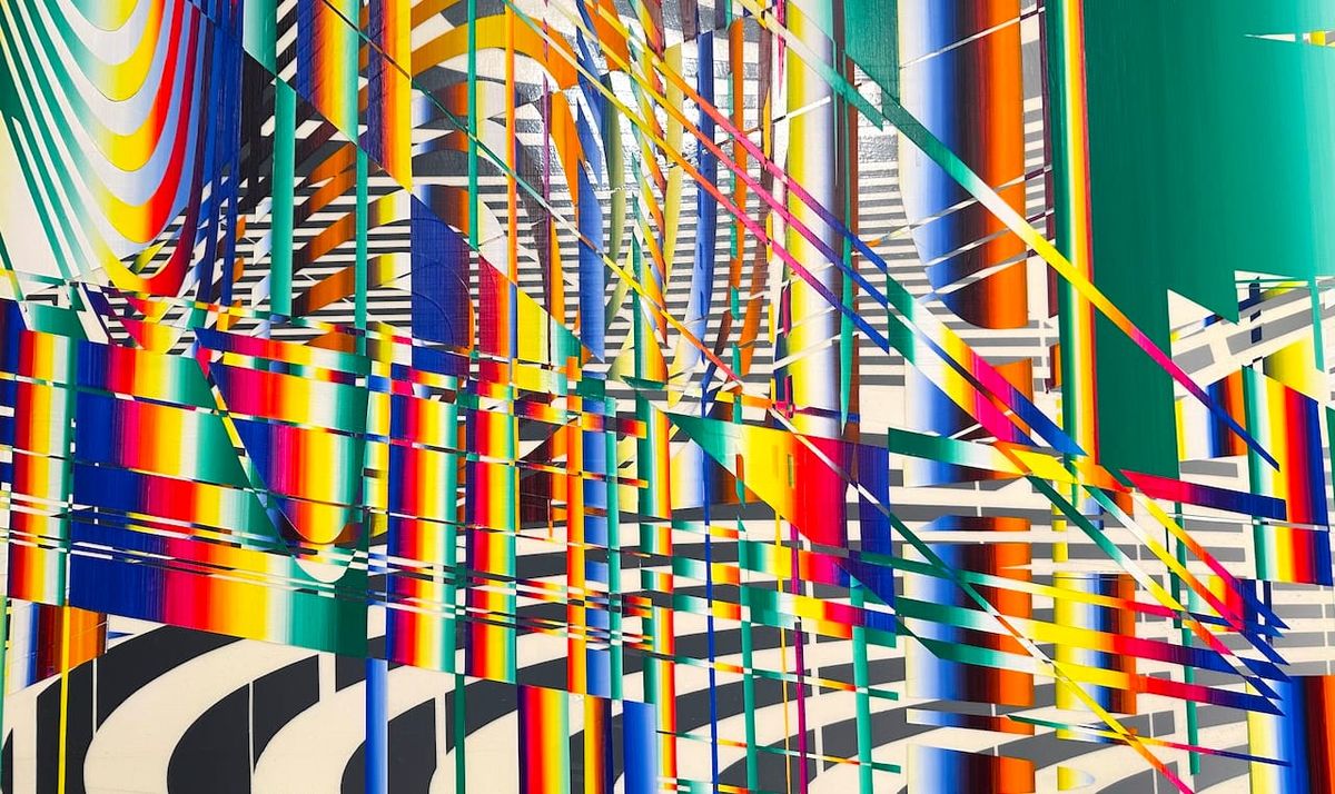 a cropped close-up of 'D+G Space' by Linda Besemer. it's painted with swirls of gradient rainbows amid black and white lines.