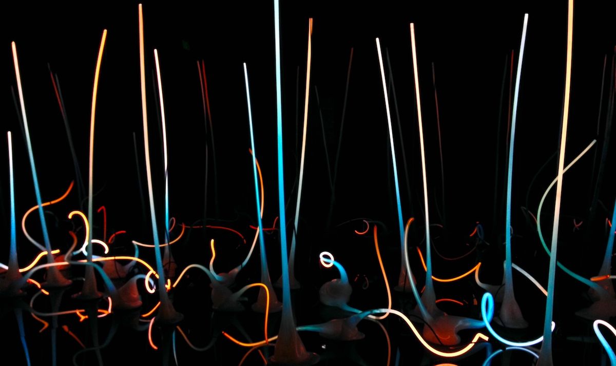 thin rods of blue and orange illuminated glass against a dark backdrop