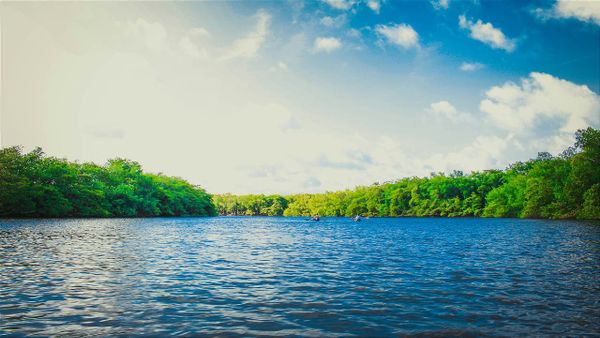 a gentle river with a few people floating on watercraft in the distance.