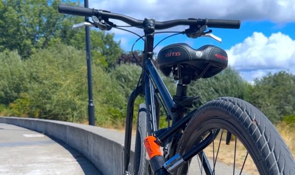 a rear view of a bicycle leaning against a long and low concrete feature in a park.