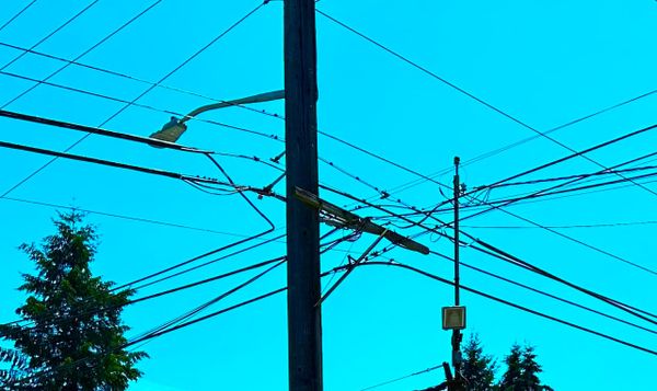 wires criss-cross to and from a street pole. a few treetops are visible in an unnaturally turquoise sky.