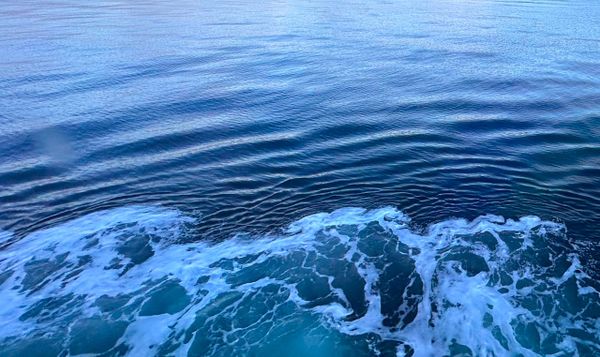 the wake of a ship gently rippling out into a large body of water. the water is many shades of blue with swirls of white froth filling the bottom third of the picture.