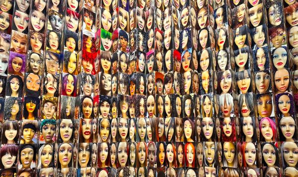 a cropped image of the brilliant art piece by Lisa Jarrett, '503 portraits of wig mannequins and 1 portrait of Diana Ross' at the portland art museum.