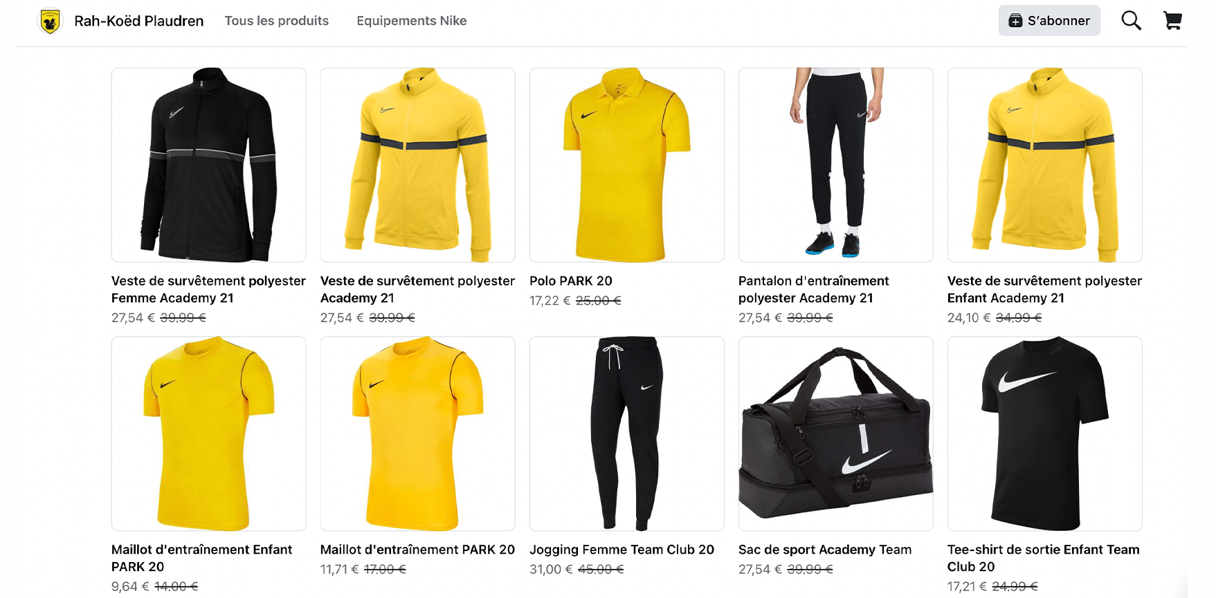 Capture d'écran de la collection officielle du club RK Plaudren sur son Facebook Shop