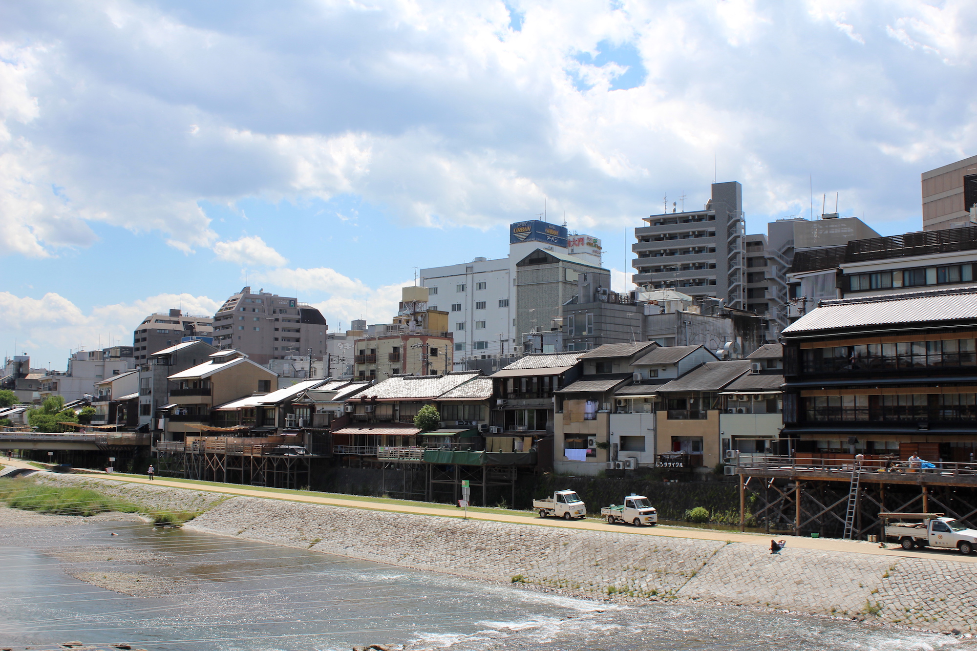 Homes along the Kamo river in central Kyoto