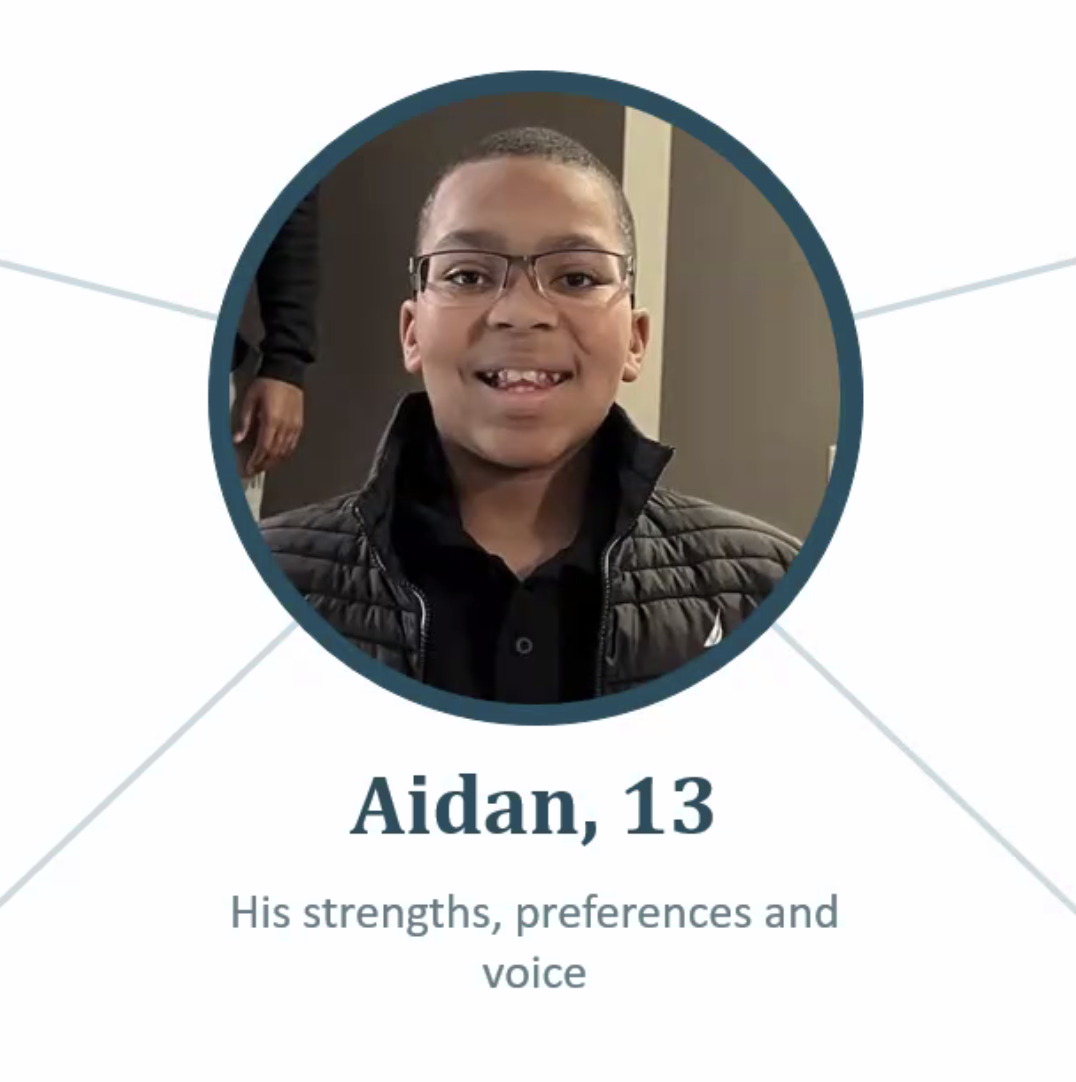 Aidan, age 13, pictured on a slide emphasizing his strengths, preferences and voice.