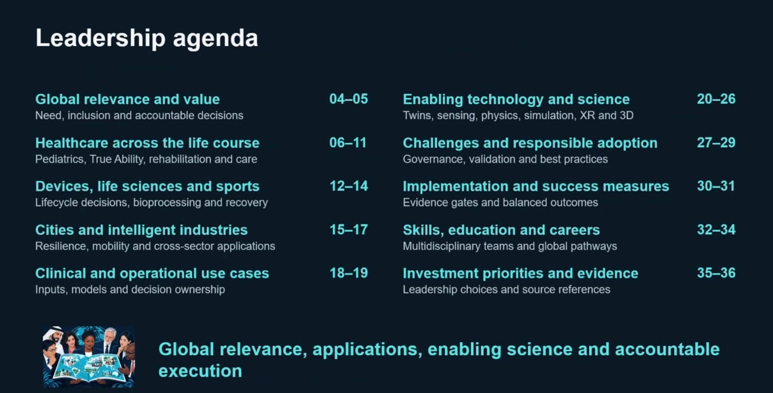 Leadership agenda covering clinical applications, sensors, validation, governance and investment priorities.