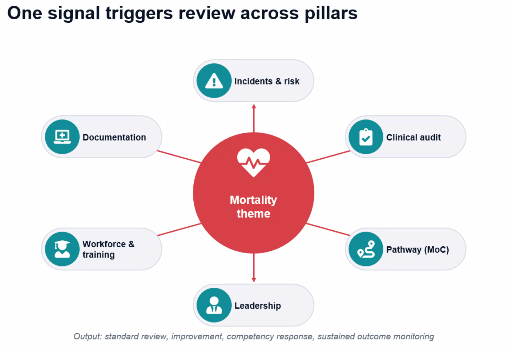 A mortality signal prompts a combined review of incidents, clinical audit, pathways, leadership, workforce and documentation.