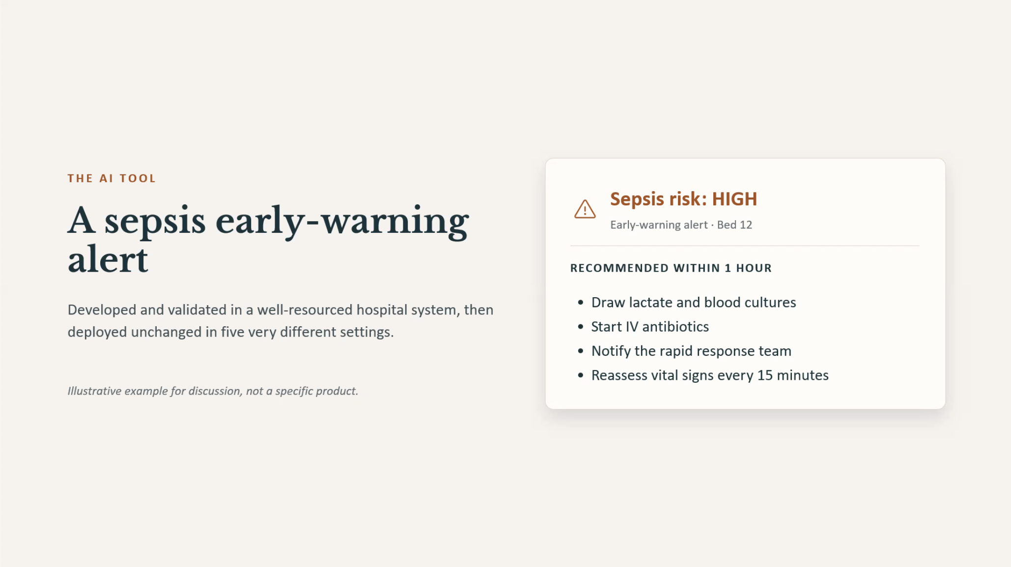 Illustrative sepsis alert used to discuss whether recommendations fit the resources available in different care settings.