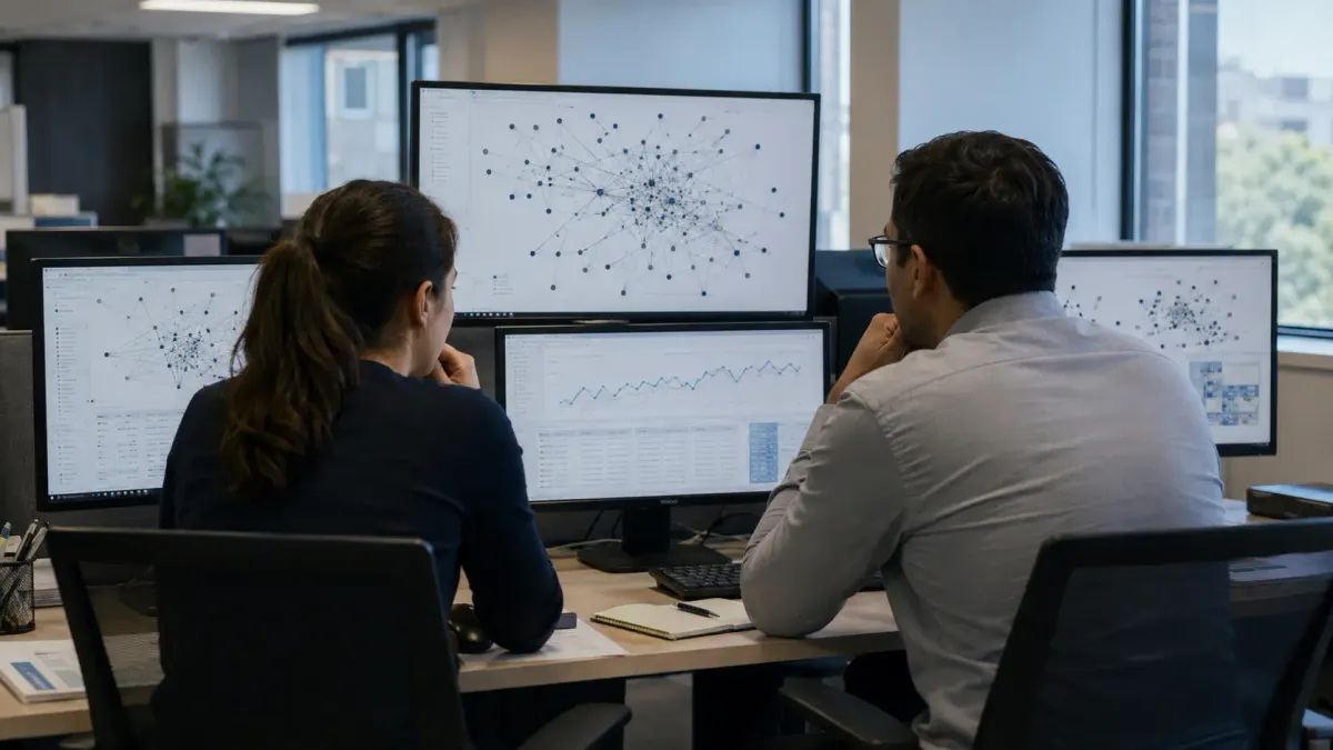 Two analysts review abstract network patterns and claims data on office monitors.