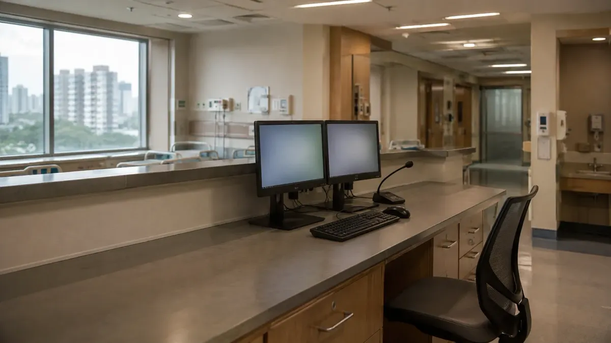An empty modern hospital clinical workstation with two blank monitors and a desk microphone in natural morning light