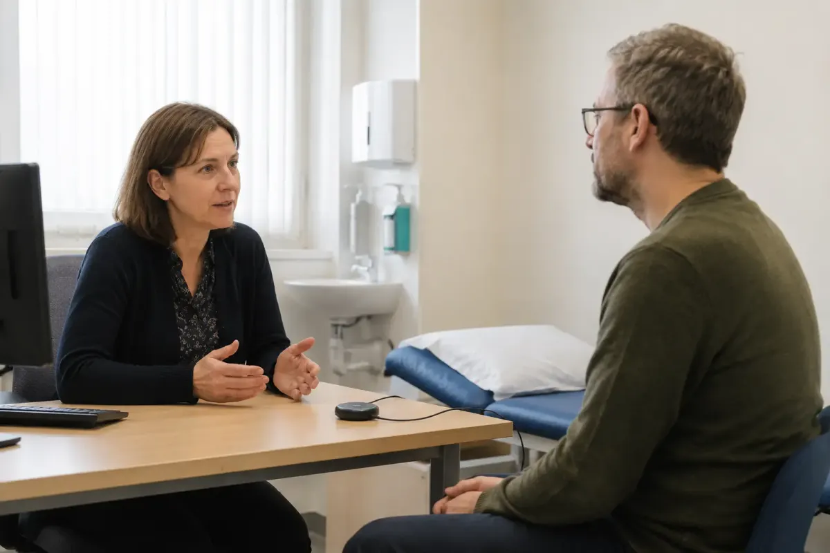 Clinician speaking with a patient beside an unbranded ambient audio device in a consultation room