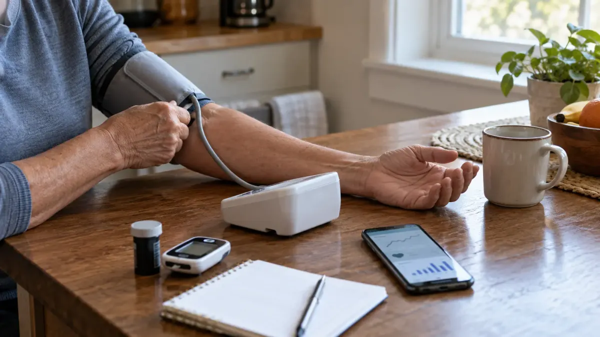 An older adult uses a home blood-pressure monitor beside a glucose meter and smartphone on a kitchen table.