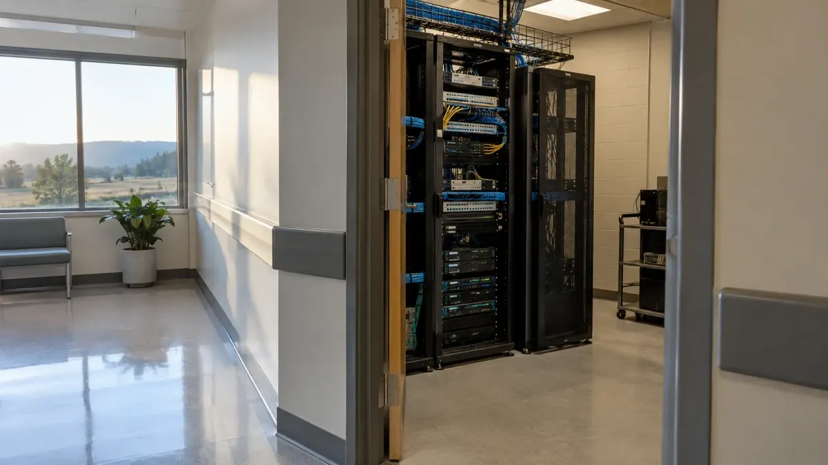 Unbranded network equipment room beside a quiet corridor in a small community hospital