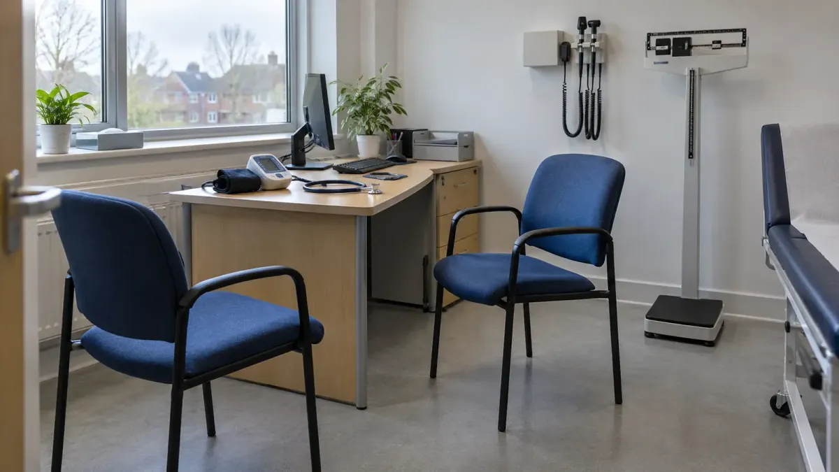 An empty community clinic consultation room with two chairs, a blood pressure monitor, stethoscope and weighing scale in natural daylight.