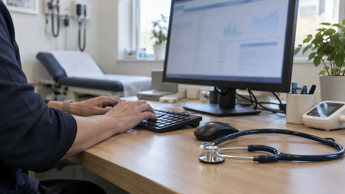 A clinician uses a computer in a quiet primary-care consultation room, with a stethoscope on the desk and the screen softly out of focus.