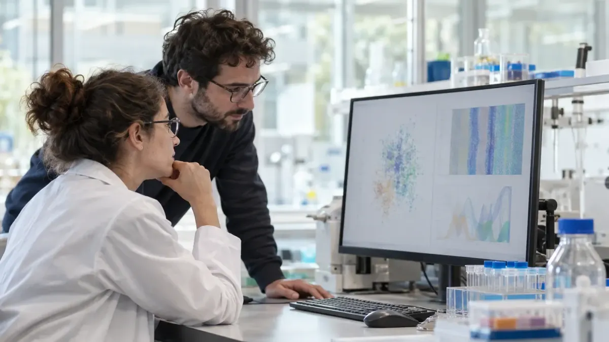 A laboratory scientist and a computational researcher review abstract data visualizations at an unbranded pharmaceutical research workstation.