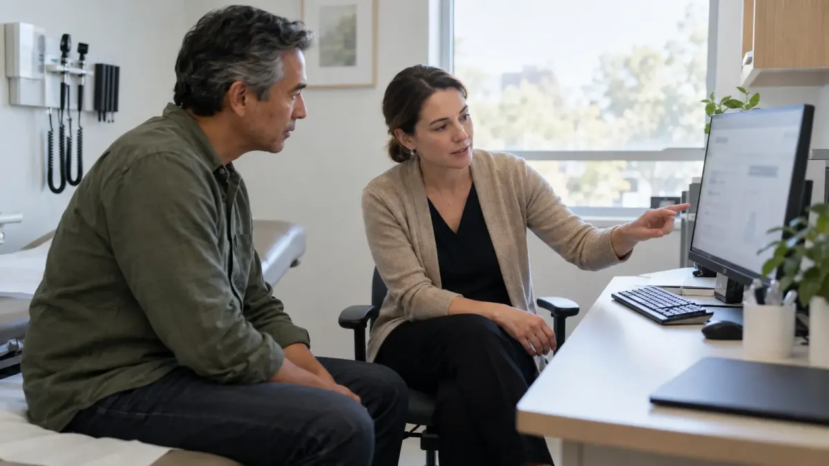 Clinician and patient reviewing an unreadable digital chart together in a naturally lit exam room