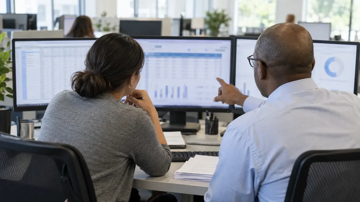 Two healthcare finance analysts review anonymized claims data on office monitors