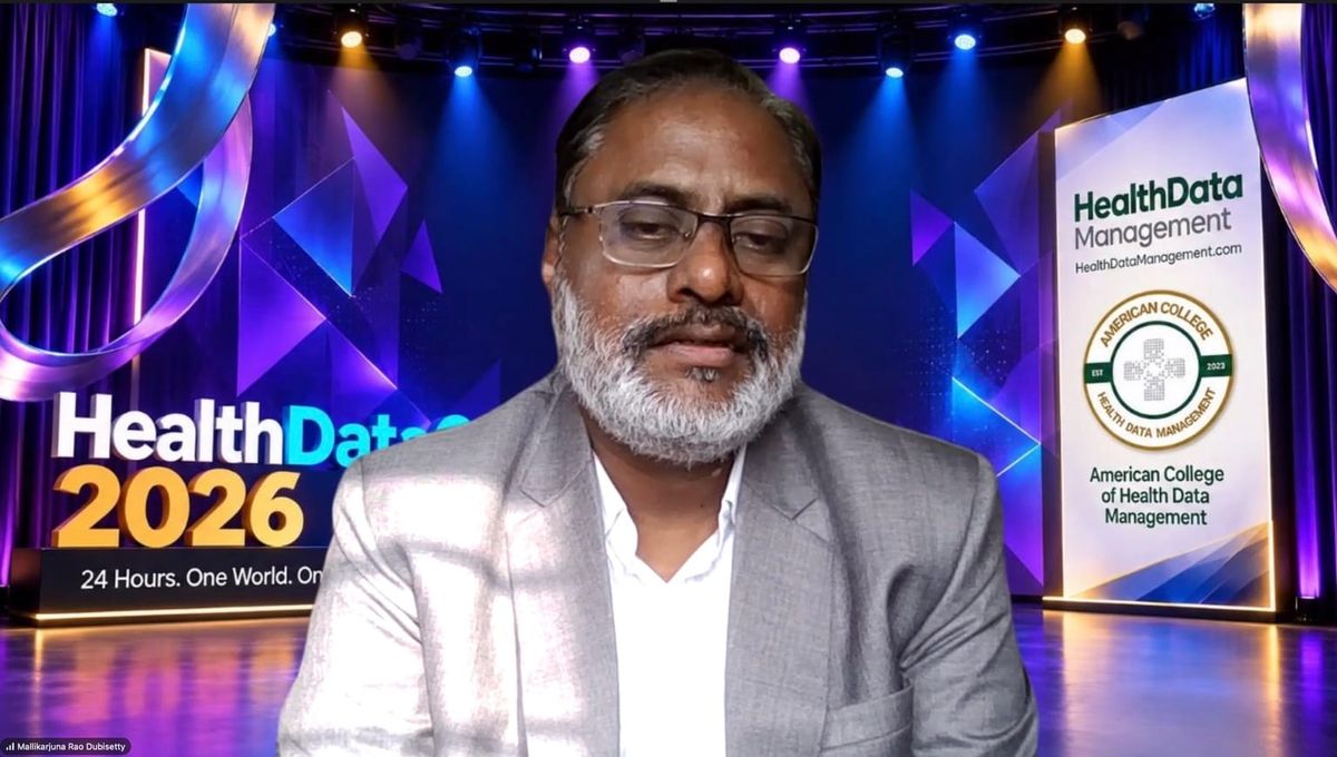 Mallikarjuna Rao Dubisetty speaking during HealthDataCon 2026.