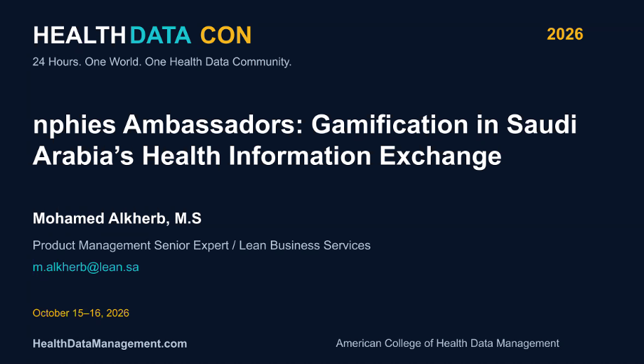 Mohamed Alkherb’s HealthDataCon 2026 title slide on nphies Ambassadors and gamification in Saudi Arabia’s health information exchange.