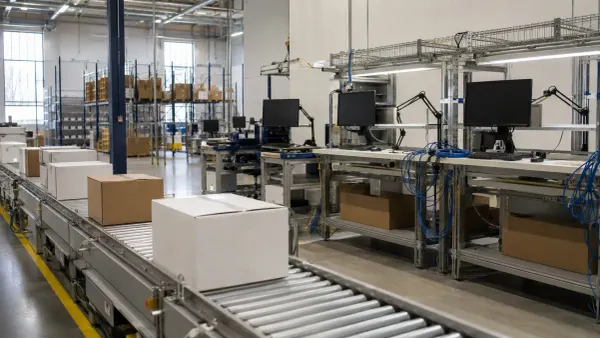 An empty medical-device manufacturing and distribution floor with stationary conveyors, sealed cartons and dark computer monitors