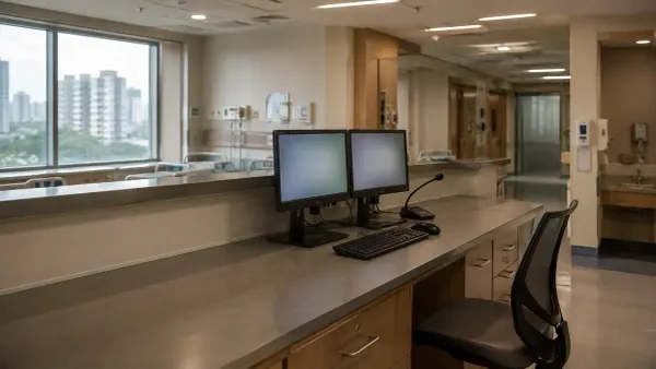 An empty modern hospital clinical workstation with two blank monitors and a desk microphone in natural morning light