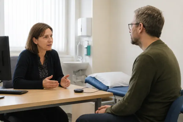 Clinician speaking with a patient beside an unbranded ambient audio device in a consultation room