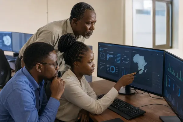 Three African public-health data analysts review regional health dashboards on computer monitors in an office.