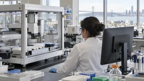 AI-generated editorial image of a scientist supervising automated laboratory equipment in a modern biotechnology lab