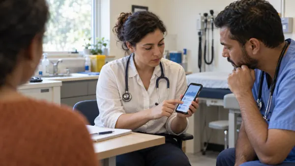 Two clinicians reviewing a generic clinical evidence interface on a smartphone during a primary care consultation