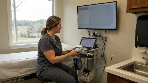 Clinician checking connected patient-monitoring equipment in a modest rural clinic examination room