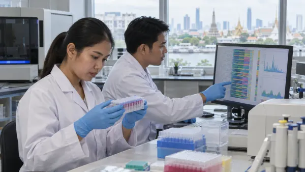 Two public-health laboratory scientists review a genomic sequencing display and sealed sample rack in a Southeast Asian laboratory.