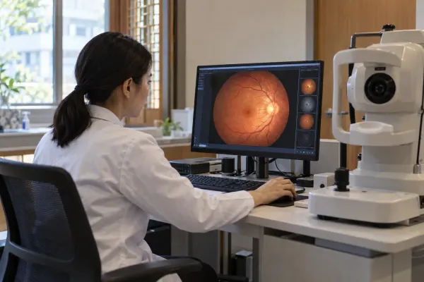 Clinician reviewing a retinal scan at a modern eye screening station