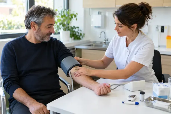 A healthcare professional measuring an adult patient’s blood pressure during a community health check