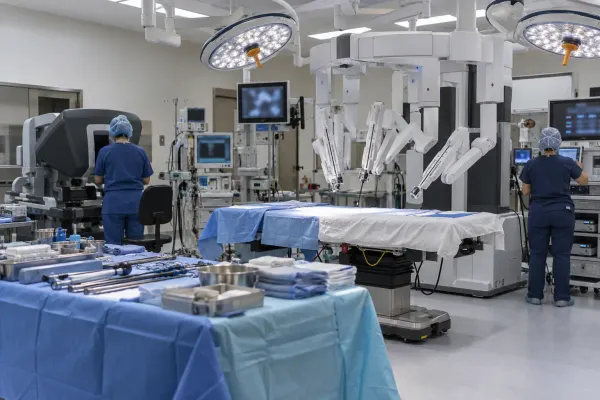 Robotic surgical system and operating-room staff preparing equipment in a modern hospital theater