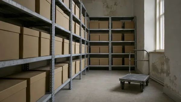Unmarked archival boxes on metal shelving in an aging institutional records room with soft natural daylight