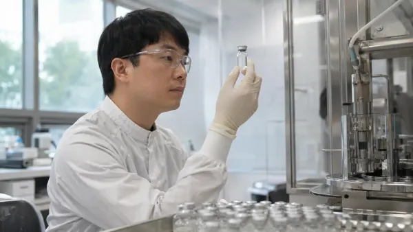 Laboratory researcher inspecting an unbranded vial beside sterile drug formulation equipment in a South Korean biotechnology laboratory