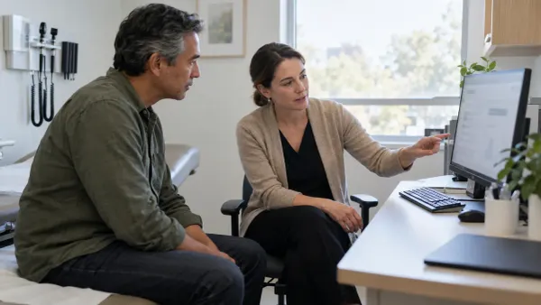 Clinician and patient reviewing an unreadable digital chart together in a naturally lit exam room