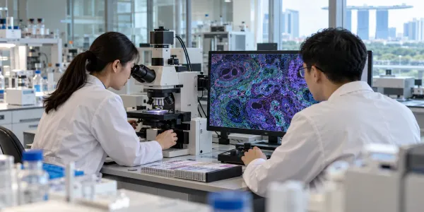 Researchers examining tissue samples with digital pathology equipment in a modern biomedical laboratory