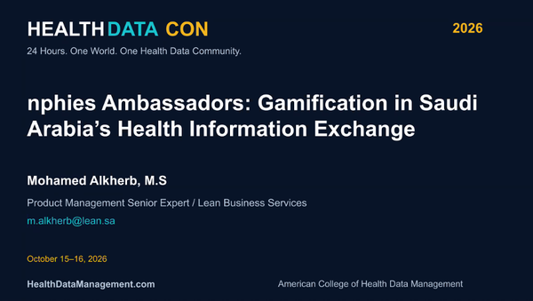 Mohamed Alkherb’s HealthDataCon 2026 title slide on nphies Ambassadors and gamification in Saudi Arabia’s health information exchange.