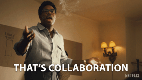Bayard Rustin portrayed by Colman Domingo saying "That's Collaboration" with outstretched hands
