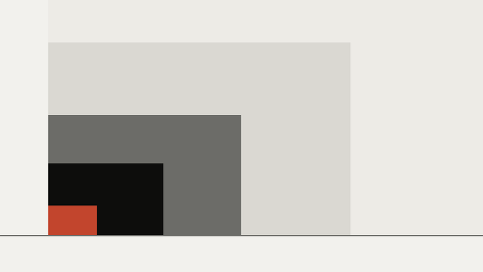Cut-paper rectangles nested in a corner: a small vermilion block wrapped by black and greys, the largest off the frame.