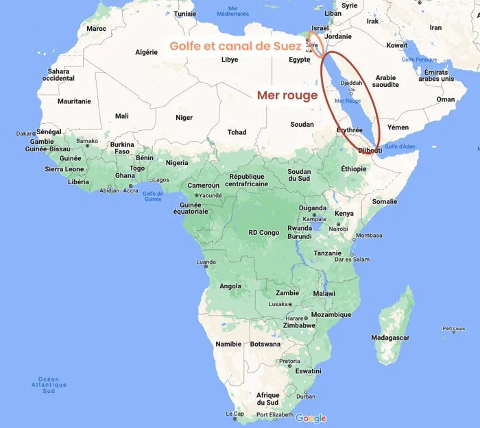 carte montrant la mer rouge et le canal et golfe de suez