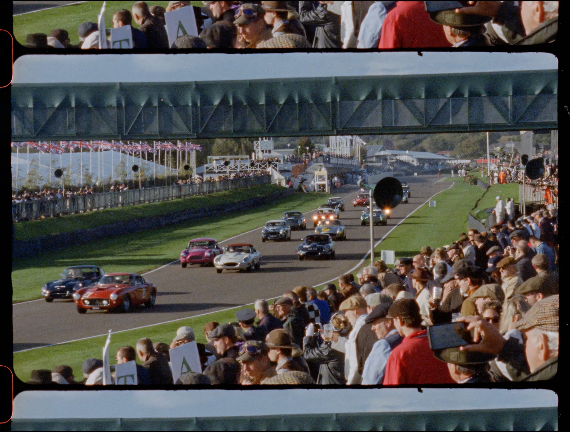 Packed grandstand watching vintage race cars on track at Goodwood Revival.