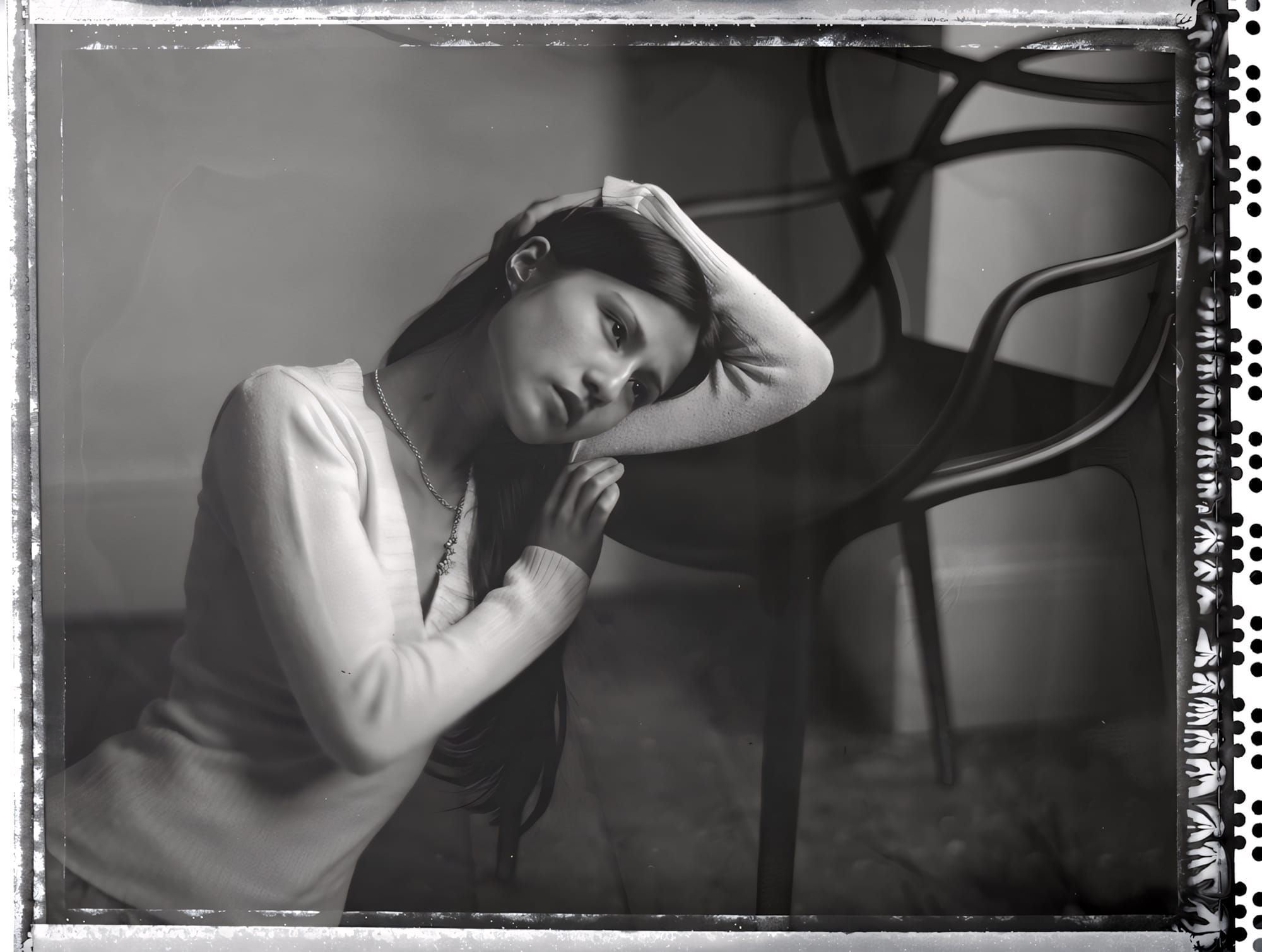 Brunette in white sweater leaning on chair with film sprocket holes visible.