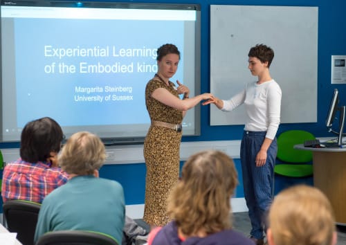 Margarita Steinberg and Maddie Broad demonstrating Butterfly Lead at a workshop (Active Learning conference)