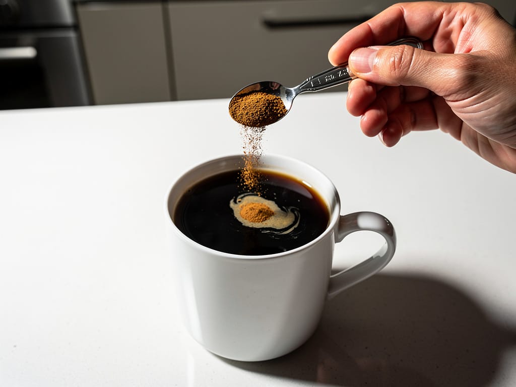A person precisely adding a measured amount of cinnamon to a morning coffee.
