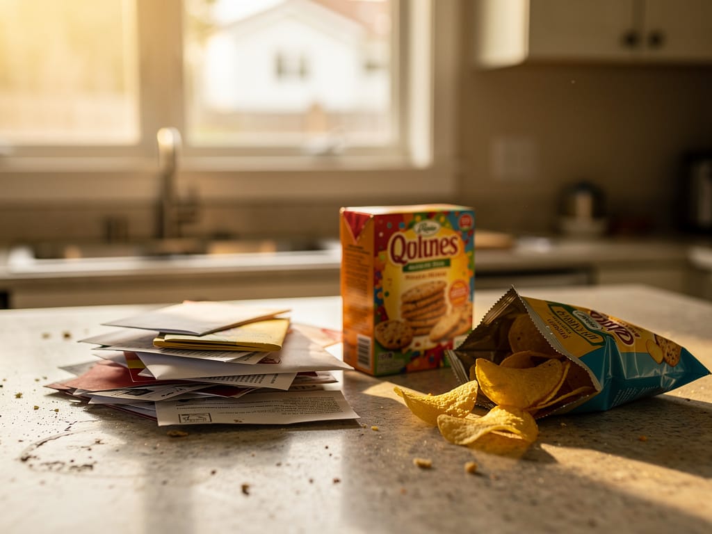 A messy kitchen counter with junk food left out