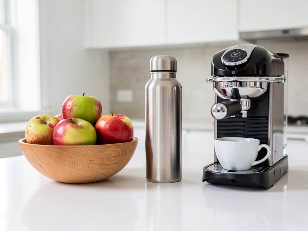 A clean and organized kitchen counter with healthy items